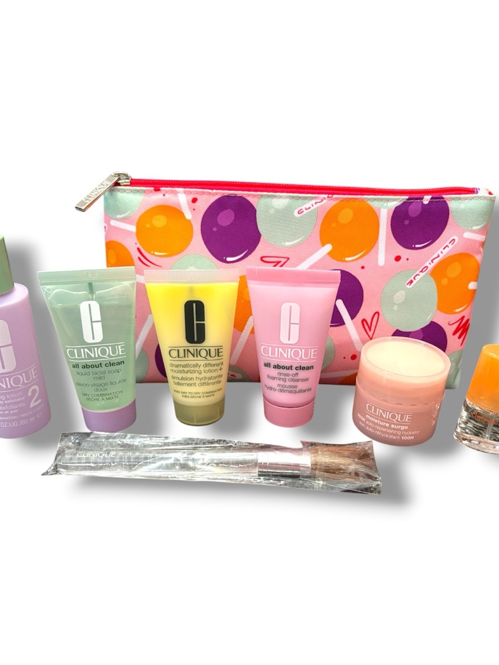 Clinique Mini Skincare & Brush Set with Pink Multi-Color Pouch - Picture 2 of 4